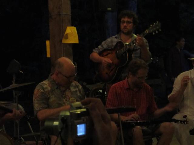 Jon and Robbert on the steel in the Western Swing orchestra, Chas in the background